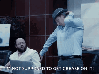 Man In Hat Says I'm Not Supposed To Get Grease On It GIF