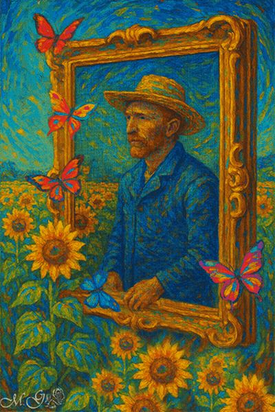 Man In Hat Surrounded By Sunflowers And Butterflies GIF