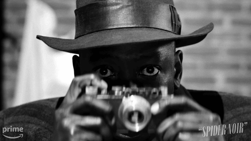 Man In Hat Taking Picture With Camera Spider Noir GIF
