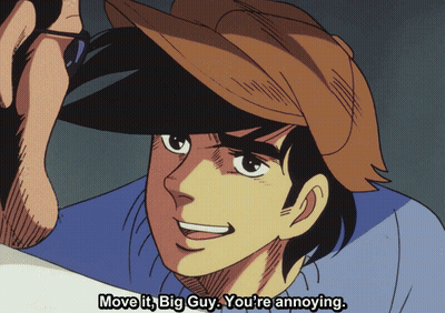 Man In Hat Telling Big Guy To Move GIF
