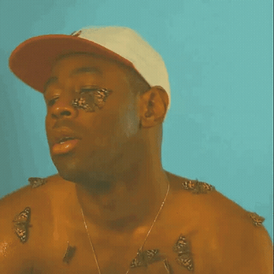 Man In Hat With Butterflies On Face And Chest GIF