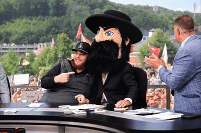Man In Hat With Letter A Pointing At Mascot GIF