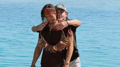 Man In Hawaii Hat Holding Another Man's Chest GIF