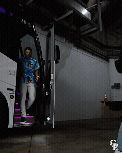 Man In Hawaiian Shirt Getting Off MCI 24000 Bus GIF