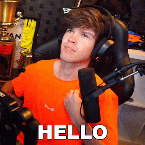 Man In Headphones And Orange Shirt Saying Hello GIF