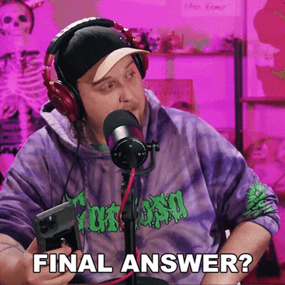 Man In Headphones And Tie Dye Shirt Saying Final Answer Into Phone GIF