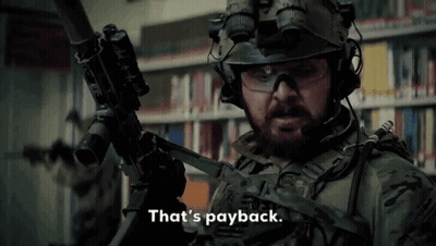 Man In Helmet And Goggles Holding Rifle Says That's Payback GIF