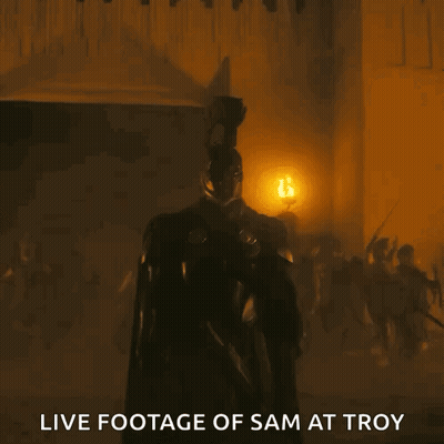 Man In Helmet Standing In Dark Room Saying Live Footage Of Sam At Troy GIF