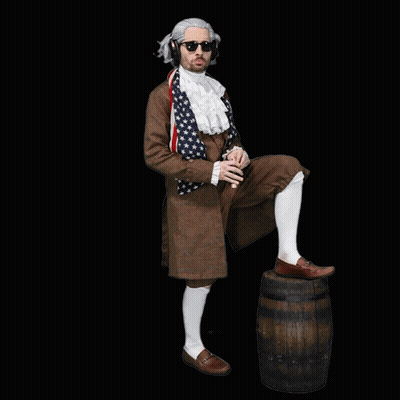 Man In Historical Costume Standing On Barrel Pointing GIF
