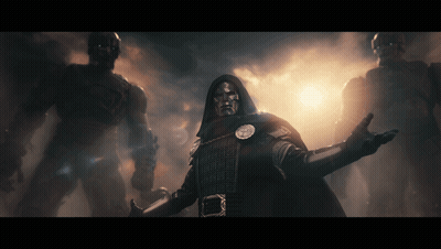 Man In Hooded Cloak Before Giant Men GIF