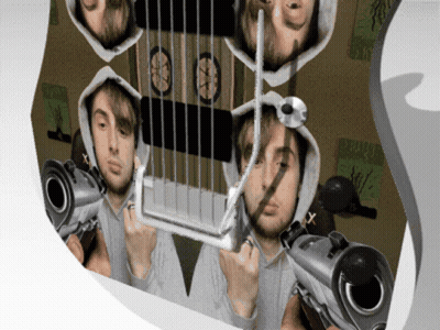 Man In Hoodie Holding Harp With Guns Pointing At Him GIF
