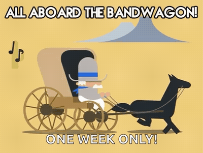 Man In Horse-Drawn Carriage Saying All Aboard Bandwagon GIF