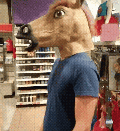 Man In Horse Head Mask In Store GIF