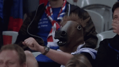 Man In Horse Mask Sitting In Stadium GIF