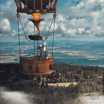 Man In Hot Air Balloon Over Valley GIF