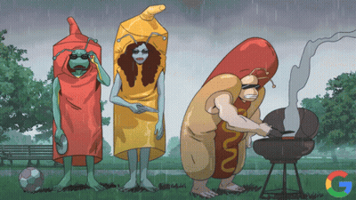 Man In Hot Dog Costume Grilling In Rain GIF