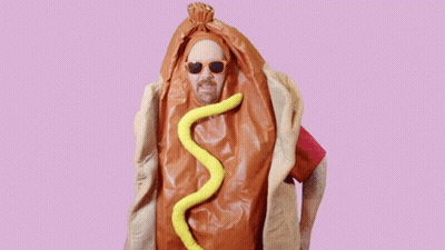 Man In Hot Dog Costume Saying Everybody Shummy GIF