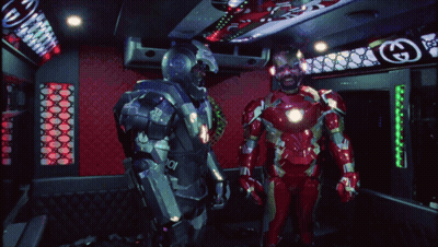 Man In Iron Man Costume Next To Another Man GIF