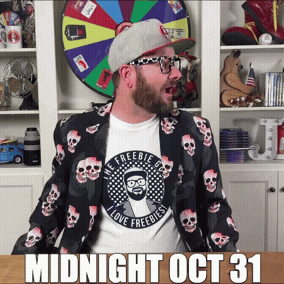 Man In Jacket With Skulls And I Love Freebies Shirt GIF
