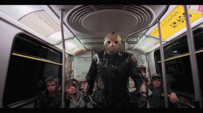 Man In Jason Voorhees Costume On Bus GIF