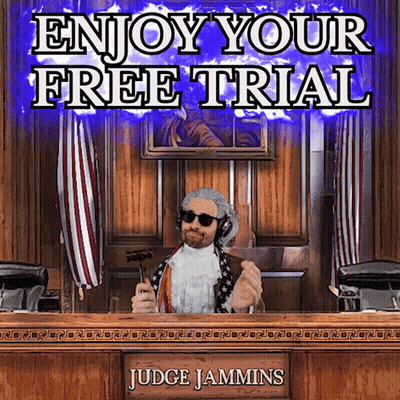 Man in Judge Chair Holding Gavel Enjoy Your Free Trial