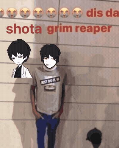 Man In Just Do It Shirt In Front Of Shota Grim Reaper Wall GIF