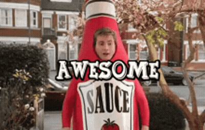 Man In Ketchup Bottle Costume Saying Awesome Sauce GIF