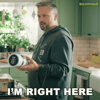 Man In Kitchen Holding Steel Cut Oats Saying I'm Right Here GIF