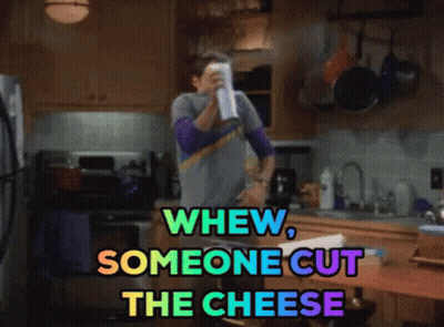 Man In Kitchen Saying Whew Someone Cut The Cheese GIF