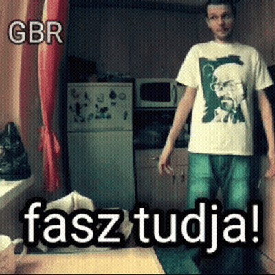 Man In Kitchen Wearing Gbr Fasz Tudja Shirt GIF