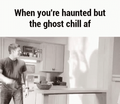 Man In Kitchen With Ghost Behind Him GIF