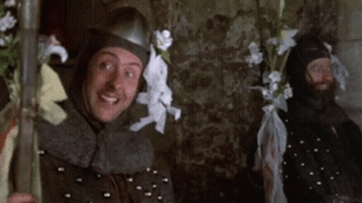 Man In Knight Helmet Holding Flower Stick GIF
