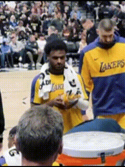 Man In Lakers Jersey On Court GIF