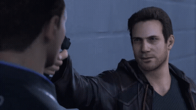 Man In Leather Jacket Holding Gun To Another Man GIF