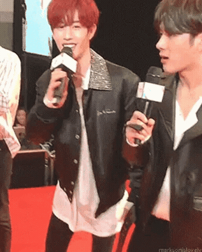 Man In Leather Jacket Holding Microphone On Red Carpet GIF
