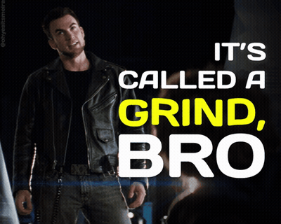 Man In Leather Jacket Next To Sign It's Called A Grind Bro GIF