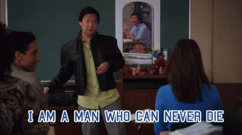 Man In Leather Jacket With Words I Am A Man Who Can Never Die GIF