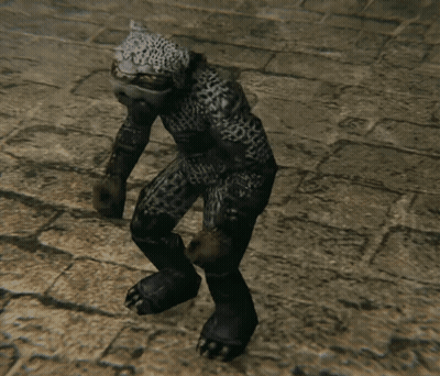 Man In Leopard Print Costume On Brick Floor GIF