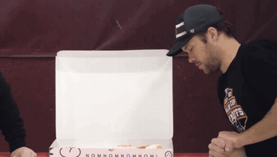 Man In Let's Eat Chips Shirt And Pizza Box GIF