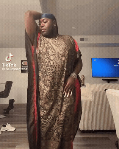 Man In Long Dress In Front Of TV With Tik Tok Sign GIF