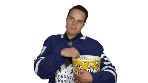 Man In Maple Leafs Jersey Holding Popcorn Bucket Sticker
