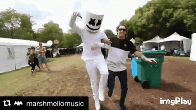Man In Marshmello Costume Dancing With Man In Trash Can GIF
