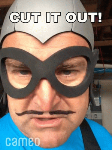 Man In Mask And Glasses Says Cut It Out Cameo GIF