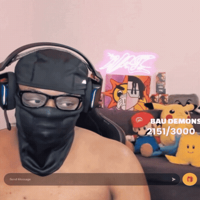 Man In Mask And Headphones With Bau Demons Message GIF
