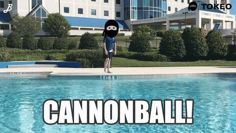 Man In Mask Jumping Into Pool With Cannonball GIF