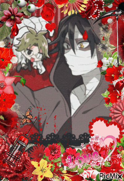 Man In Mask Surrounded By Red Flowers GIF