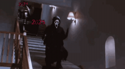 Man In Mask Walking Down Stairs With Year 2025 GIF