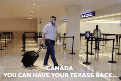 Man In Mask With Suitcase Walking Through Airport Saying Canada You Can Have Your T GIF