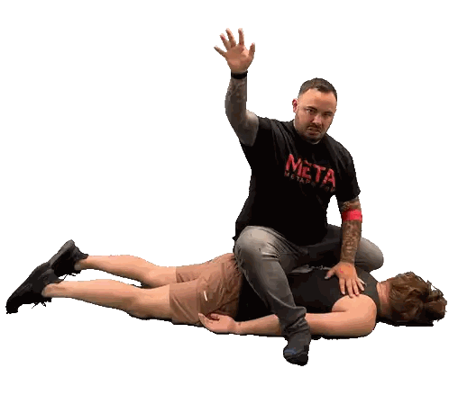 Man In Meta Shirt Kneeling On Back Sticker