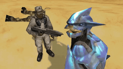 Man In Military Uniform Beside Blue And Black Monster GIF